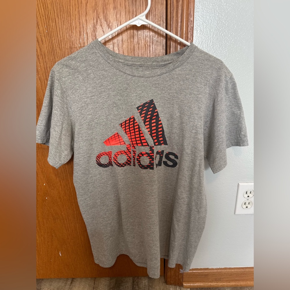 Adidas Go To Tee size medium, gray short sleeve shirt with transfer orange logo